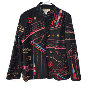 Norm Thompson Women's Embroidered Silk Jacket Sz L Colorful Art to Wear Boho